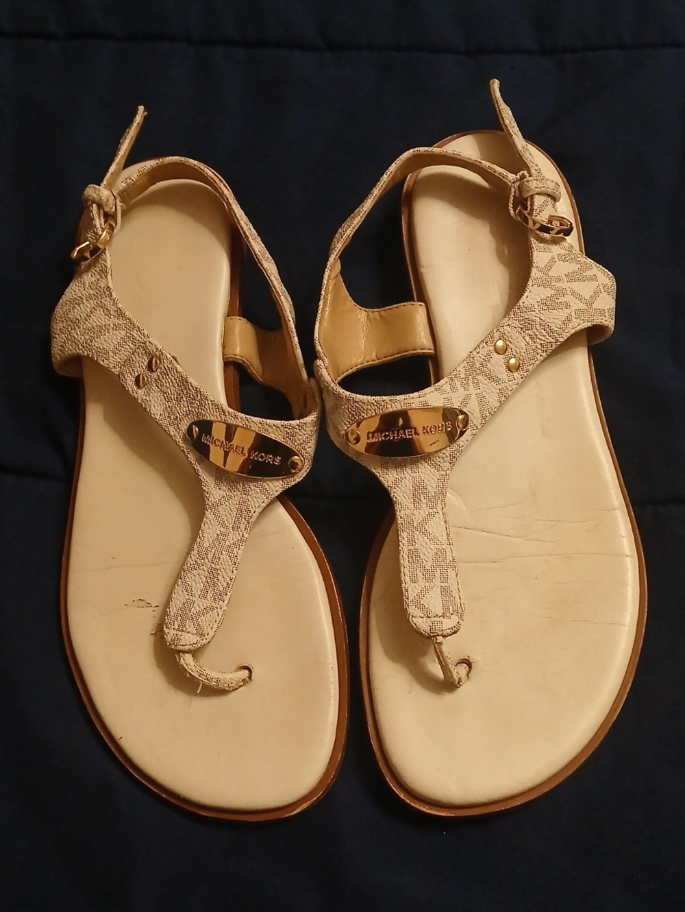 Michael Kors White Logo T-Strap Sandals with Gold Accents